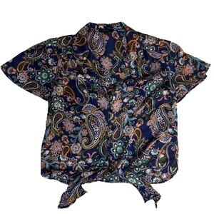 Eclair Navy Floral Paisley Tie-Front Blouse - Size M